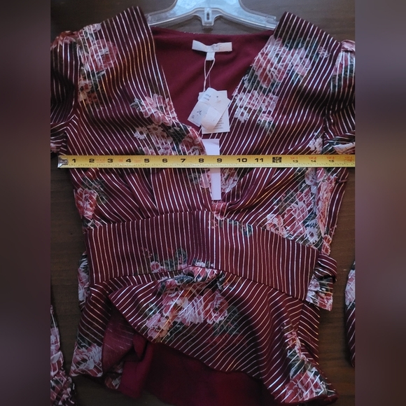 Wayf Cranberry Red Floral Silver Striped Long Sleeve Blouse Size Extra Small - Picture 11 of 16